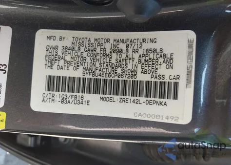2012 Toyota Corolla Le from USA, damaged, VIN 5YFBU4EE6CP067205